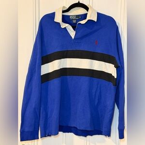 Vintage Polo Ralph Lauren Rugby Shirt Mens Large Blue Henley Raw Hem
